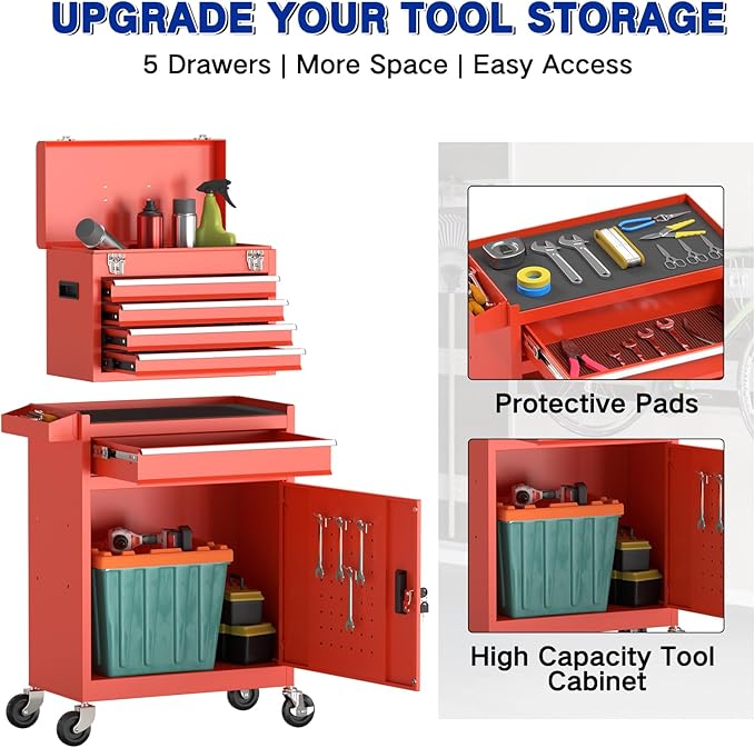 5 Drawer Tools Chest, Tool Cabinet with Universal Lockable Wheels，Tool Box with Detachable Top Box for Workshop(Red)