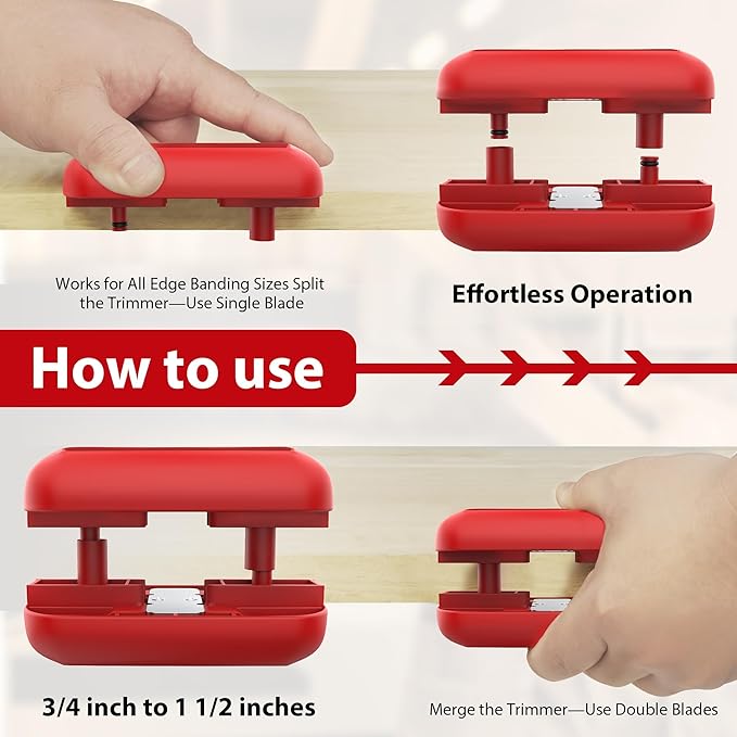 Edge Banding Trimmer with Tungsten Carbide Blades, Hand Planer Versatile Woodworking Edge Trimmer for Burrs, Manual Edge Banding Cutter for ABS, PVC, Veneer, and Melamine - Red