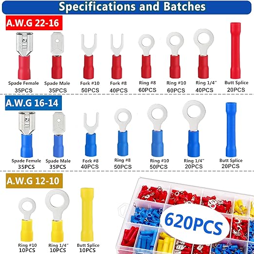 Tnisesm 620Pcs Insulated Wire Crimp Connectors Assortment Kit, Fork Ring Spade Butt Quick Disconnect Terminals Lugs Set, Male/Female Wire Cable Connectors