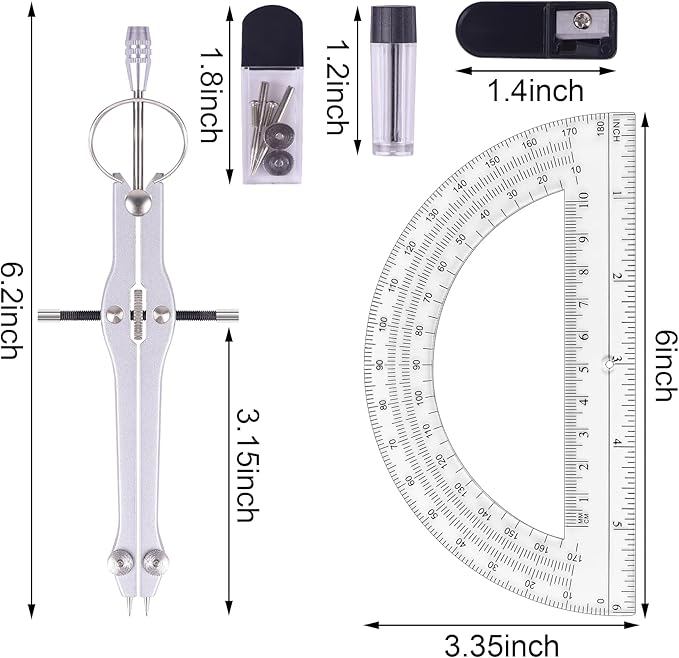Compass and Protractor Set, Professional Drawing Compass Tool, Metal Compass with Extra Refills, Compass for Geometry and 6 Inch Math Protractors 180 Degree (Yellow)