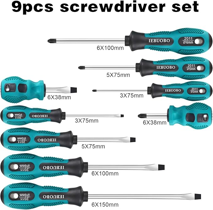 Magnetic Screwdriver Set 9 PCS,4 Phillips and 5 Flat Head Screwdriver Non-Slip for Repair Home Improvement Craft (Green)