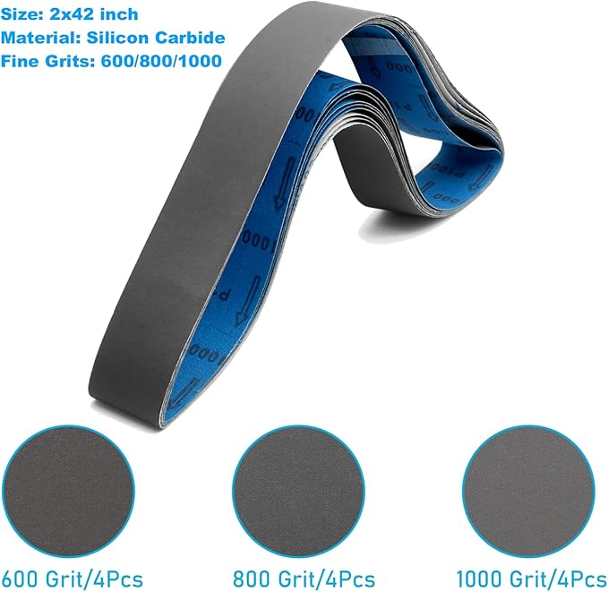 2 x 42 Inch Silicon Carbide Sanding Belts, 2x42 Knife Sharpening Belt Sander Belts 600 800 and 1000 Assorted Fine Grits,12-Pack