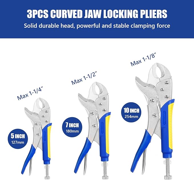 6-Piece Locking Pliers, Heavy Duty Vice Grips Set, 5", 7" & 10" Curved Jaw & 6-1/2" & 9-1/2" Long Nose, 6" C-Clamp, for Welding and Metal Bending.