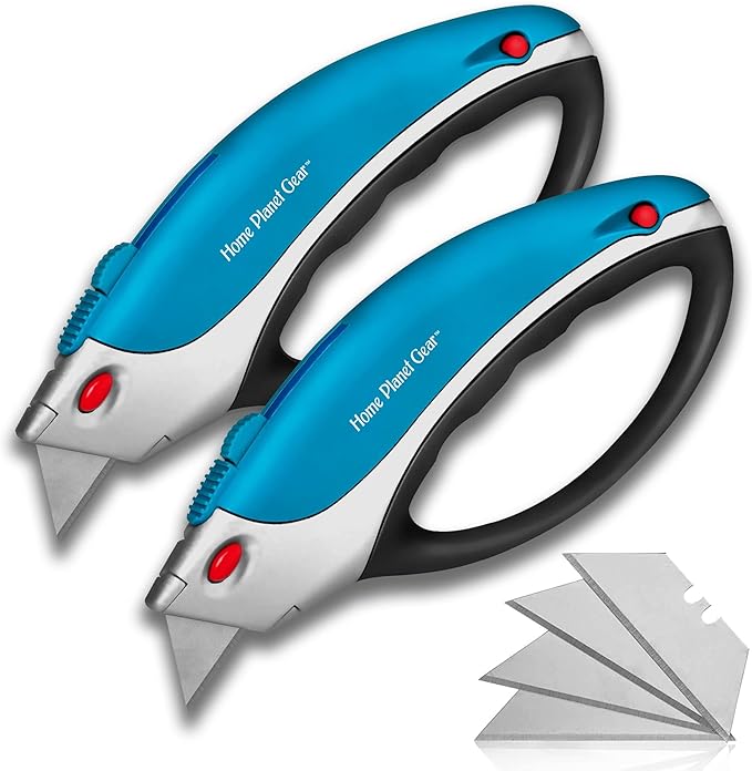 Box Cutter Retractable Utility Knife - Two Pack Heavy Duty Box Cutter Knife Cardboard Cutter - Box Opener Razor Knife - Box Knife Carpet Cutter with 5 Sharp Utility Blades (Blue 2 Pack)