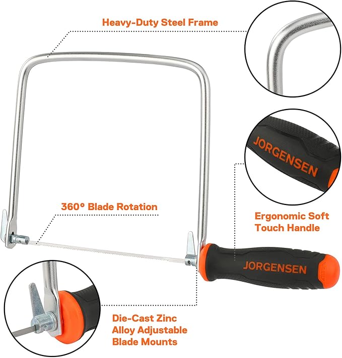 JORGENSEN Pro Coping Saw, Coping Frame and Extra 2pcs 6-1/2 Inch Replacement Blades Set for Woodworking, Plastic, Rubber, and Soft Metal Cutting
