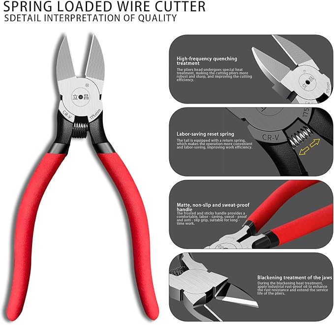 2 Pack Wire Cutters,6.5 Inch Flush Cutters,Wire Cutters heavy Duty,Spring Loaded Cutting Pliers,Side Cutters (Red&Grey)