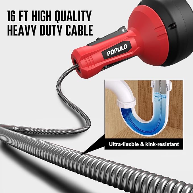 POPULO Drain Auger, Auto Feed Plumbing Snake Clog Remover for Unclog Sink Drain 3/4"-2" Pipe, 16 Ft Snake Hair Drain Clog Remover Cleaner Tools Manually or Powered for Shower, Bathtub, Kitchen, Sink
