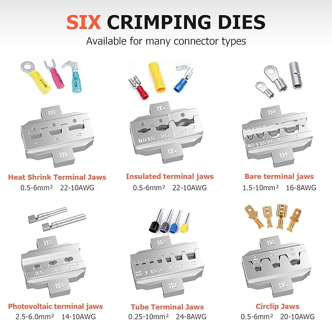 Preciva 6 PCS Crimping Tool Set, Ratcheting Wire Crimper Tool for Heat Shrink,Insulated Nylon,Non-Insulated Connectors,Open Barrel,Ferrule Terminals,Solar Connectors