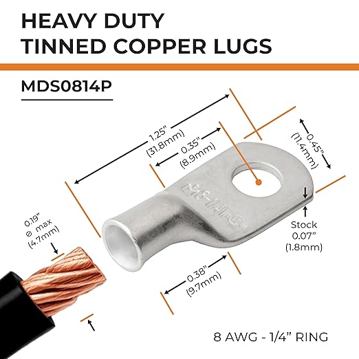 SELTERM 2pcs 8 AWG 1/4" Stud Tinned Copper Wire Lugs, Battery Lugs, Ring Terminals, Battery Cable Ends, 8 Gauge Ring Terminal Connectors, UL Marine Grade Electrical Battery Terminal Connectors