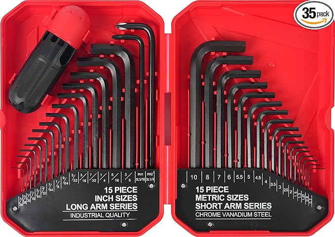 35-Piece Allen Wrench Sets Metric and Standard Hex Key Set, Allen Key Set, MM(0.7mm-10mm) SAE(0.028"-3/8), Chrome Vanadium Steel