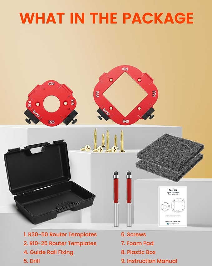 TANYO Router Corner Radius Template, Plastic Box Router Jig with 8 Radius, Aluminum Alloy Router Templates for Woodworking R10/R15/R20/R25/ R30/R35/R40/R50