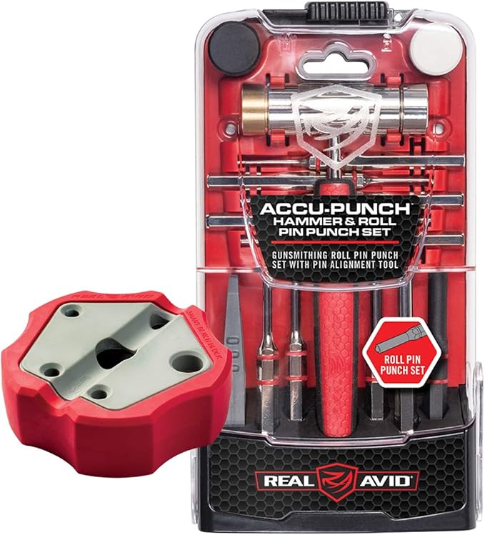 Real Avid Roll Pin Punch Set & Hammer + Non-Slip Magnetic Bench Block | 10 Nickel-Plated Steel Roll Pin Punches, 4 Interchangeable Hammer Heads - Brass, Steel, Ruber, Nylon & Non-Marring Bench Block