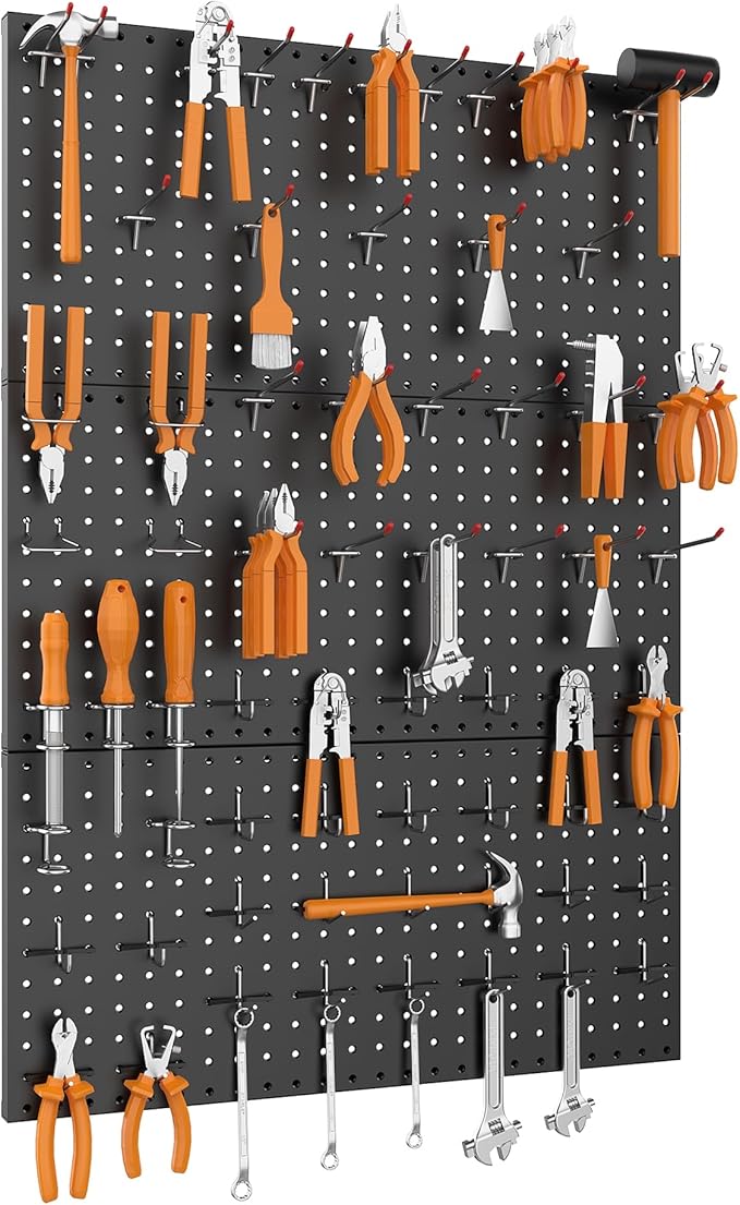 WALMANN 96PCS Metal Pegboard with Pegboard Hooks for Wall, Garage Tools Storage Pegboar for Garage, Workbench, Peg Boards, Tool Organizer Board with Hooks(Black)