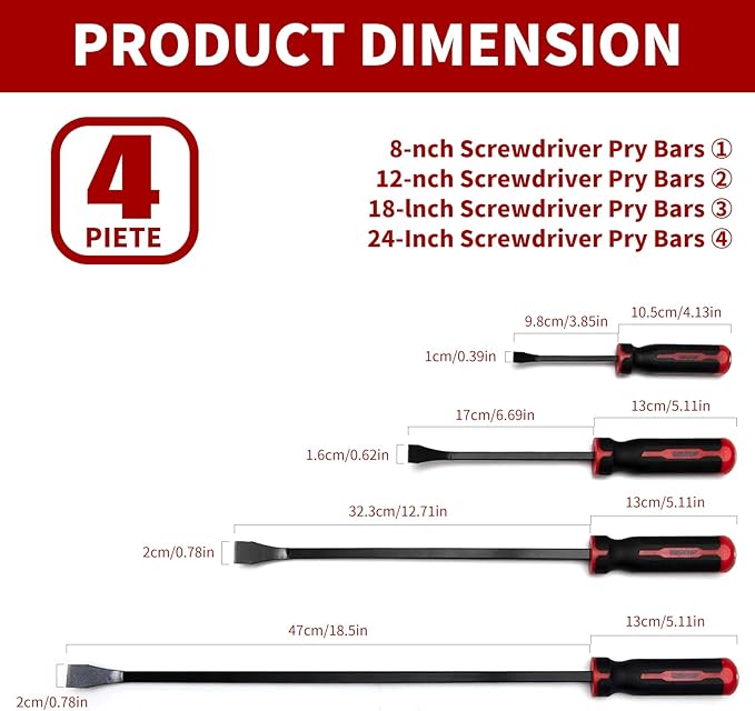 WISEUP 4-Piece Pry Bar Set，8",12",18",24" Heavy Duty Crowbar with Thicker Strike Caps for Prying，Demolition，Automotive Mechanic Hand Tools