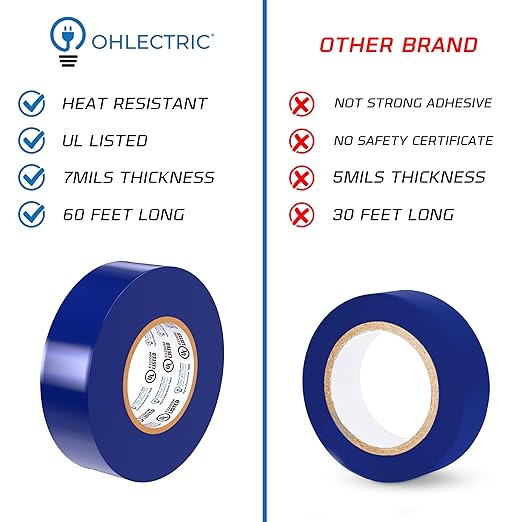 OHLECTRIC Professional Grade Vinyl Electrical Tape (1 Pack) Blue - 7 Mil Thick Flame-Retardant, Heat & Weather Resistant 3/4 Inch x 60 Feet | Ideal for Contractors & Electricians