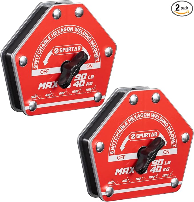 Spurtar Switchable Welding Magnets 90lbs 2PCS On/Off Magnet and Clamps, Heavy Duty Hexagon Welding Holder Tools and Accessories, Holder 30°, 45°, 60°, 75°, 90°, 105°, 120°, 135°, 150°
