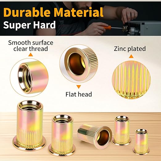 Metric Rivet Nut Assortment Kit, 200Pcs Carbon Steel SAE Rivet Nut, M3 M4 M5 M6 M8 UNC Flat Head Rivnut Set, Threaded Insertion Nut Sets for Automotive, Mechanical and Other Equipment