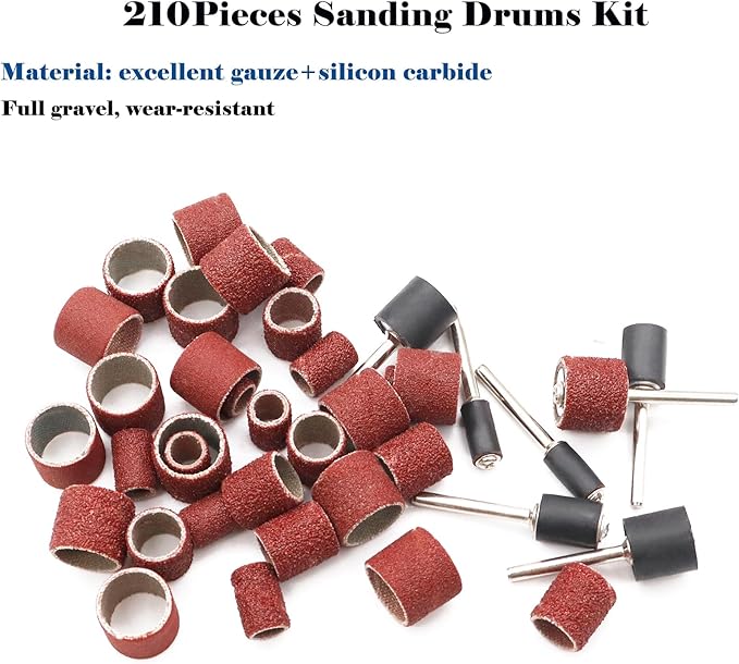 Tnisesm 210Pcs Aluminum Oxide Sanding Drum Set,Including 198 Pieces 80 120 240Grit Drum Sander Sanding Sleeves and 12 Pieces Drum Mandrels for Dremel Rotary Tool,Sanding Drums with Box