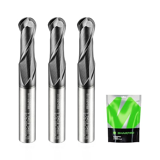 Carbide Ball Nose End Mills 2 Flute 5/16 Inch SHK. and Cutting Dia. 3D Carving, High-Speed and Deep Cutting, AlCrN Coated, Apply for Alloy Steel, Stainless Steel and Various Cast Iron. (3PCS)