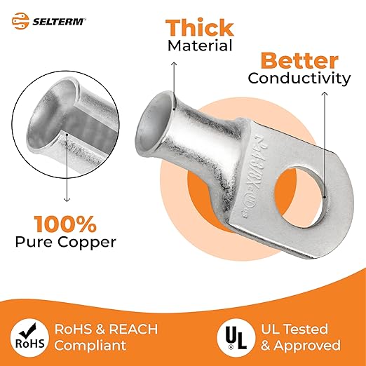SELTERM 10pcs 4 AWG-3/8 Stud (X - Wide Pad) Tinned Copper Wire Lugs, Heavy Duty Battery Cable Ends,4 Guage Ring Terminals, UL Battery Lugs Marine Grade Copper Eyelets Battery Terminal Connectors