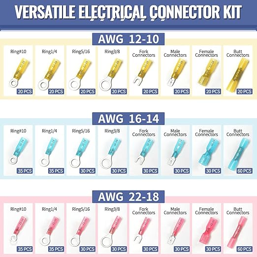 720PCS Marine Grade Heat Shrink Wire Connectors, Sopoby Electrical Connectors Kit of Tinned Red Copper, Waterproof Crimp Insulated Ring Fork Spade Butt Splice AWG 22-10
