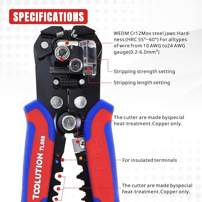 3-in-1 Self-Adjusting Wire Stripper Tool - Heavy Duty Electrical Wire Stripping & Crimping & Cutting Pliers for 10-24 AWG for Electricians, DIY & Automotive Use