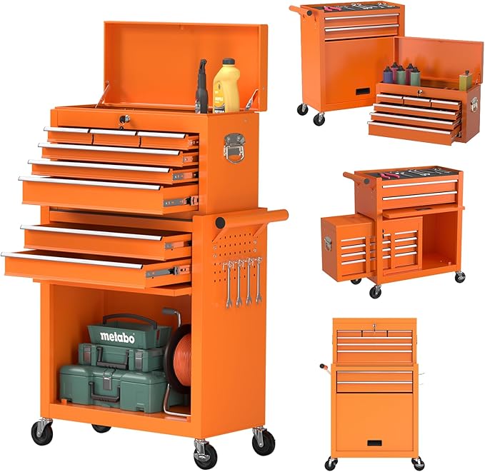 8 Drawer Tools Chest,42.9 inch Tool Cabinet with Universal Lockable Wheels，Organizable Tool Box with Detachable Top Box for Workshop，Orange