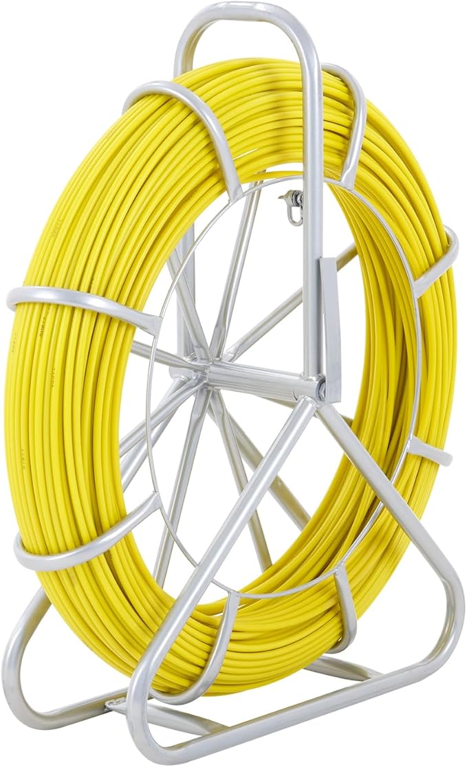 VEVOR Fiberglass Fish Tape 656 FT x 1/4 inch, Fish Tape Duct Rodder Puller with Durable Steel Stand, Non-Conductive Fishtape Wire Cable Running Rod for Walls, Floor and Electrical Conduit