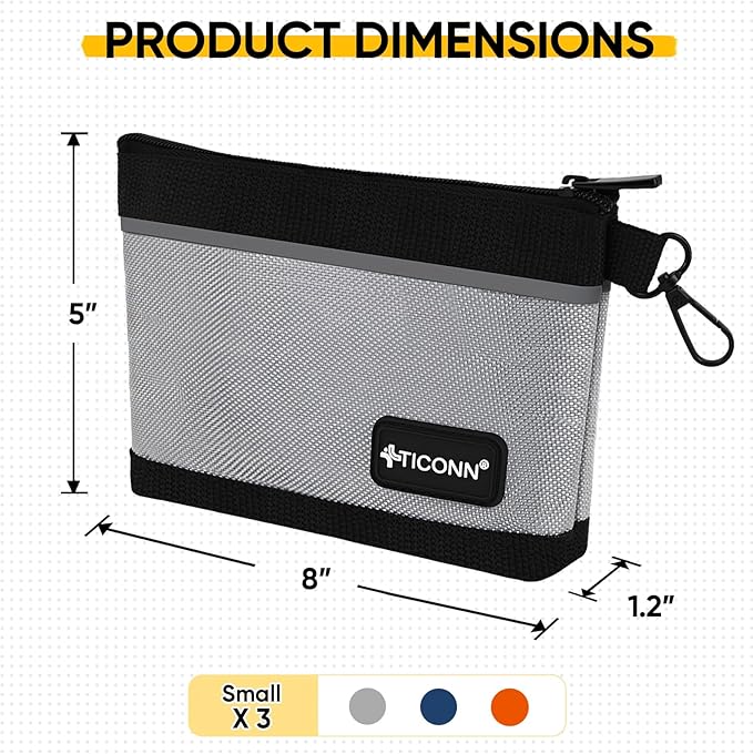 TICONN Tool Pouches with Zipper, 1680D Oxford Small Tool Bags, Waterproof Utility Bag Zipper Pouch for Tool Organizers and Storage (3 Pack Small)