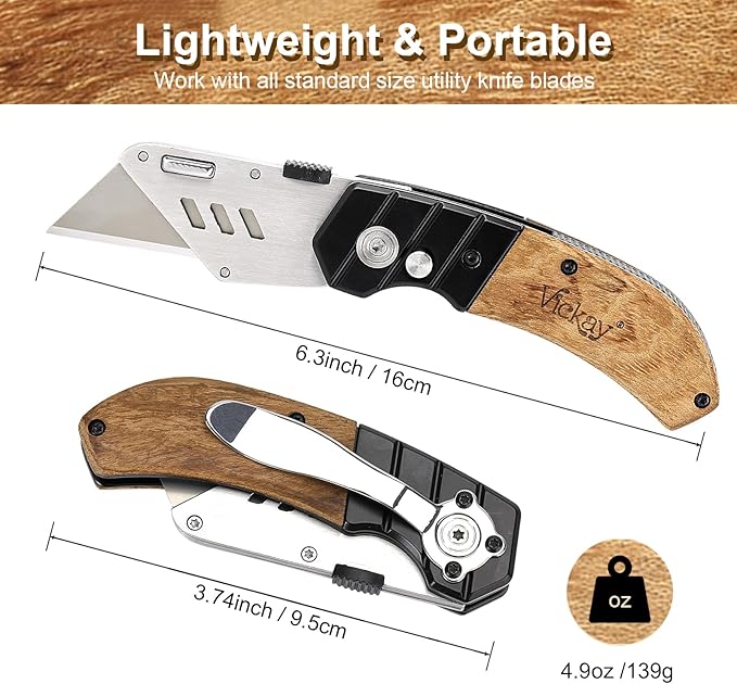 Vickay Utility Knife with Belt Clip, Heavy Duty Box Cutter Knife for Cartons, Cardboard, Carpet and Leather, Razor Knife with Wood Handle and Extra 5 SK5 Blades