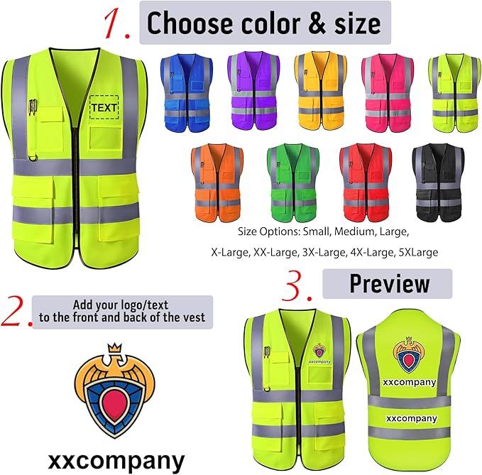 Custom Safety Vest with Logo for Men Women Personalized Class 2 High Visibility Reflective Vests with Pockets Zipper(S-5XL)