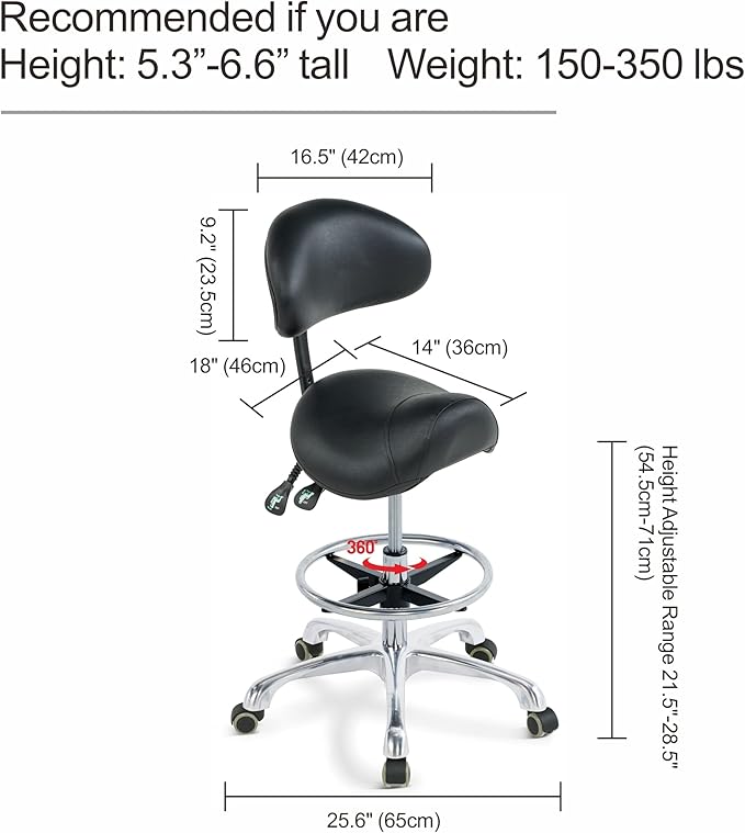 Grace&Grace Ergonomic Rolling Saddle Stool Chair with Wheels Adjustable Swivel Stool with Back and Footrest Heavy Duty for Esthetician, Artist, Dental, Medical, Spa, Salon, Cutting, Home Office
