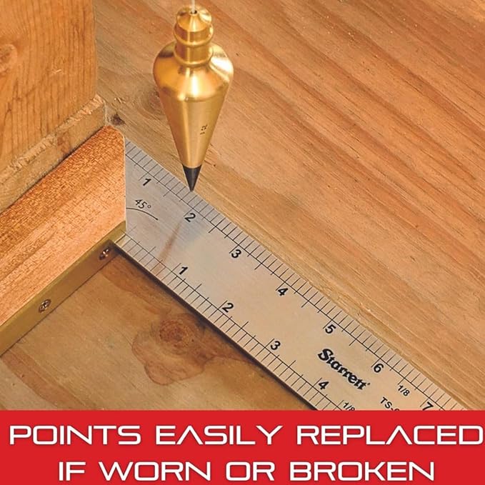 Solid Brass Plumb Bob, Brass Construction, Stainless Steel Point, Professional Centering Tool, Replaceable Tip (12oz)