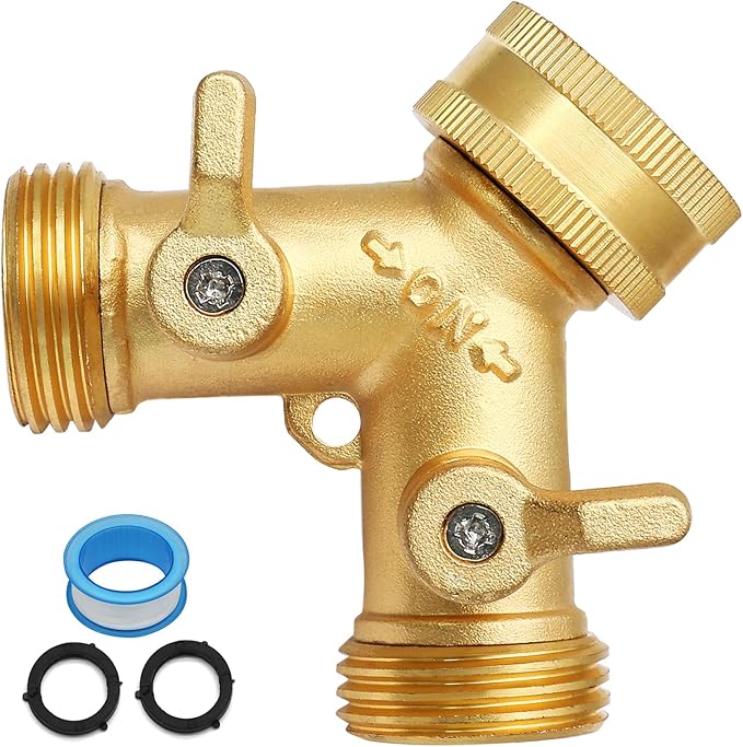 Biaungdo 2 Way Connector Garden Hose Splitter, 3/4 Garden Hose Y Splitter, Solid Brass Hose Adapter Y Valve Spigot Faucet Adapter with Faucet Watering Shut Off Valves