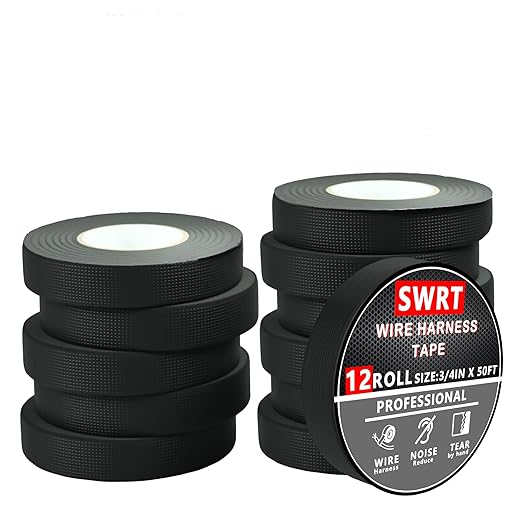 SWRT Wire Harness Tape, 3/4 Inch × 50 Feet, 12 Packs (600 Feet Total), Self-Adhesive Black Cloth Electrical Tape for Automotive Use, High Temperature Resistance Felt Tape.