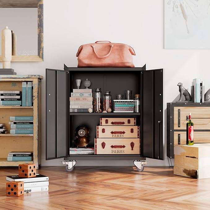Storage Cabinet with Wheels,Locking Storage Cabinet with Drawer and Adjustable Shelf, Metal Cabinet,Rolling Tool Cabinets for Garage, Assembly Required (18.1" D x 30.3" W x 35.4" H)