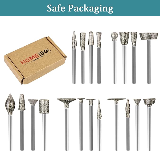 Stone Carving Set Diamond Burr Bits Compatible with Dremel, 20PCS Polishing Kits Rotary Tools Accessories with 1/8’ Shank for Carving, Engraving, Grinding, Stone, Rocks, Jewelry, Glass, Ceramics