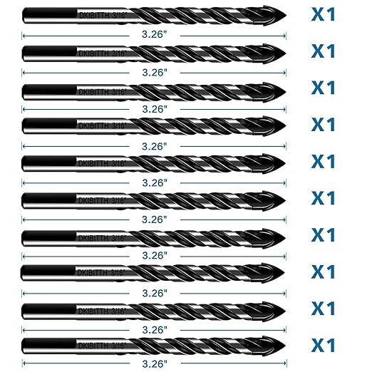 10-Piece 3/16" Masonry Drill Bits for Tile Glass Ceramic Wall Brick Stone Soft-Metal Wood, 1/4 Inch Concrete Drill Bits Cement Drill Bit Set, 3-Flat Shank, YG8 Carbide Tungsten Steel Alloy Tip 5mm