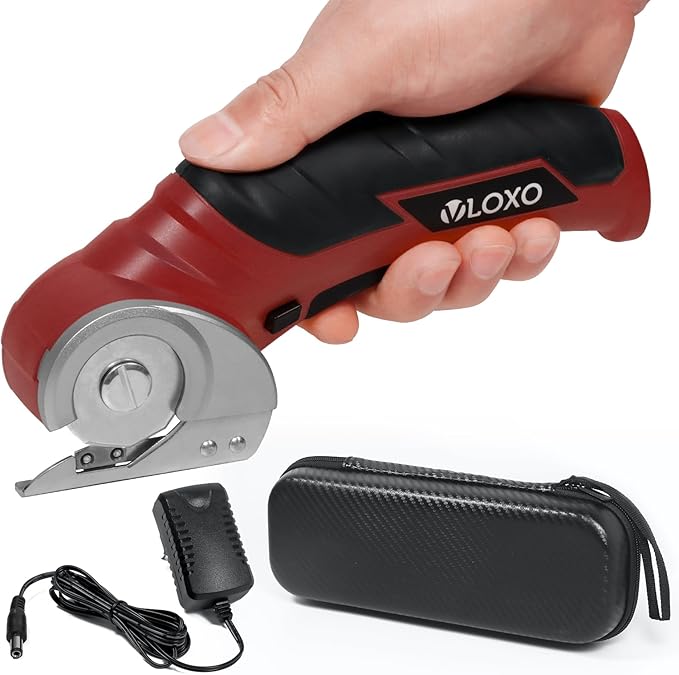 VLOXO Cordless Electric Scissors Cardboard Cutter 4V Electric Box Cutter Rechargeable Power Scissors with Safety Lock Multi-Cutting Tools for Leather Carpet Canvas (Red)
