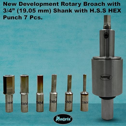 ASSORTS Precision Rotary Broach with MT2 Shank (M10 x 1.5 Drawbar Thread) & 7-Piece HSS Hex Punch Set – Ideal for CNC, Lathe, Milling & Drilling Machine