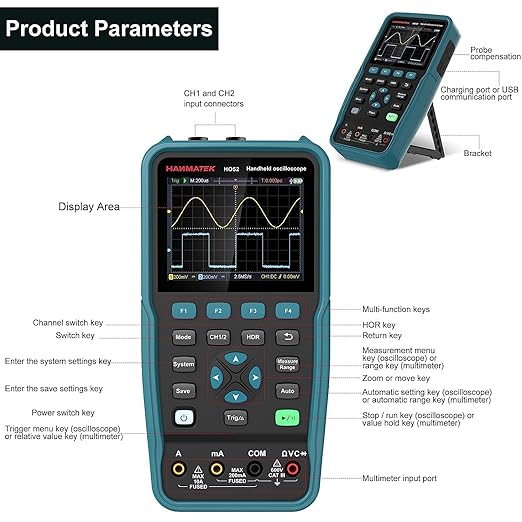 HANMATEK Handheld Digital Oscilloscope 100Mhz Bandwidth with 2 Channels HO102 3.5"TFT Mini Oscilloscope, 2 in 1 Oscilloscope and Multimeter, Backlit Screen, Auto-Calibration Function, Memory Function