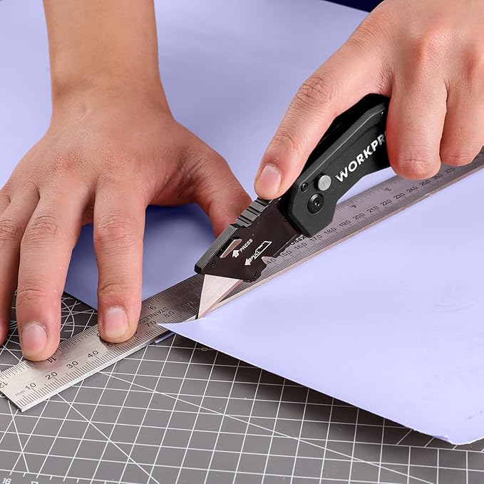WORKPRO Folding Utility Knife, Box Cutter with Belt Clip, Quick-Change Blade, Lightweight Nylon Handle, Wire Stripper & Gut Hook, Extra 10 SK5 Blades Included, Black