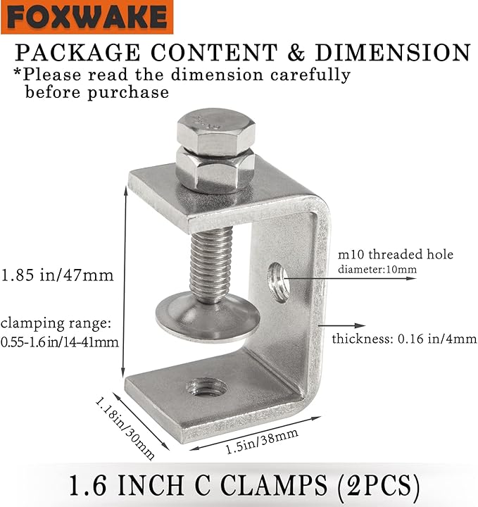 Stainless Steel C Clamps Small 1 1/2 Inch for Mounting, Heavy Duty U Clamps for Metal Working, Mini Desk Clamp with Stable Wide Jaw Opening & Protective Pads/I-Beam Design (2pcs)