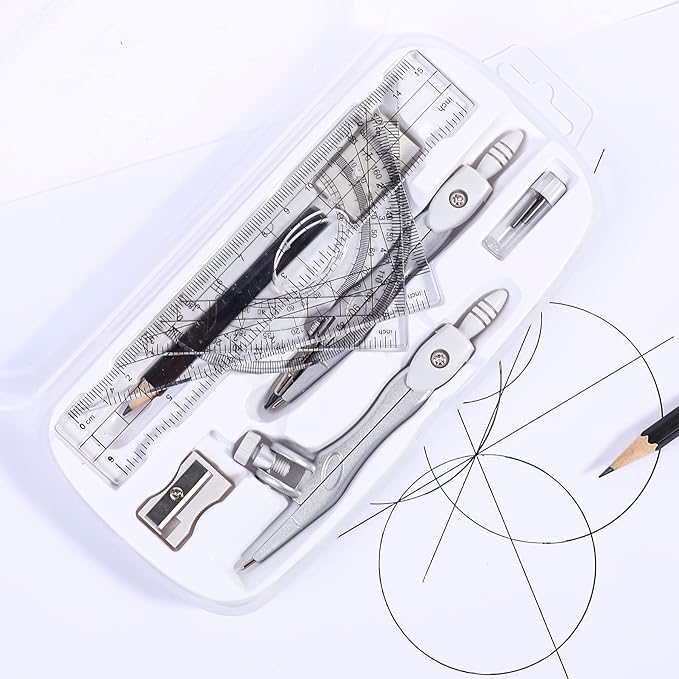 Math Geometry Kit Sets 10 Piece Student Supplies with Shatterproof Storage Box,Includes Rulers,Protractor,Compass,Eraser,Pencil Sharpener,Lead Refills,Pencil,for Drafting and Drawings（Grey）