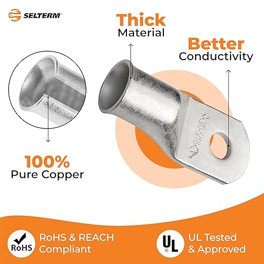 SELTERM 5pcs 3/0 AWG 5/16" Stud Tinned Copper Wire Lugs, Battery Lugs, Ring Terminals, Battery Cable Ends, 000 Gauge Ring Terminal Connectors, UL Marine Grade Electrical Battery Terminal Connectors