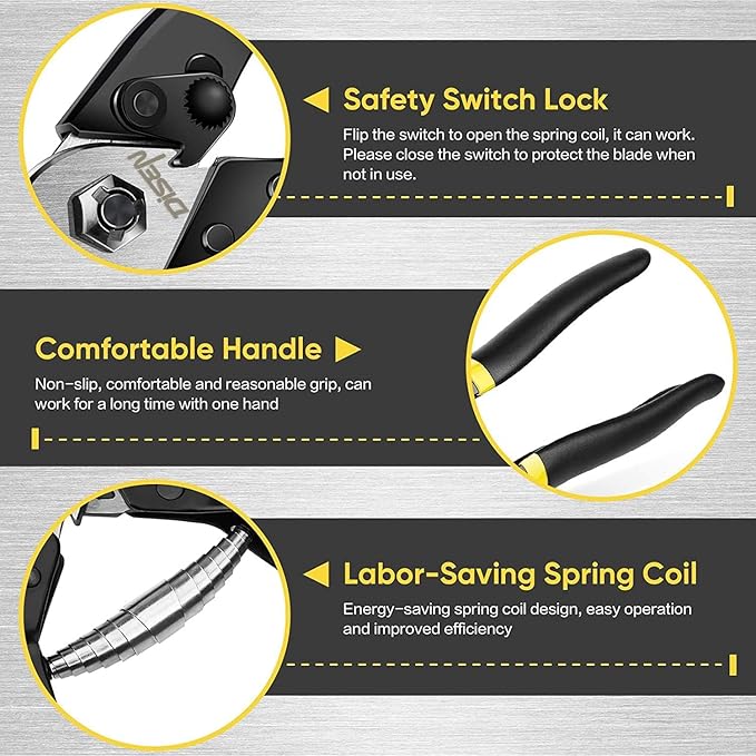 DISEN Wire Cutters Heavy Duty Cutting Up to 3/16", Metal Cable Cutters for Fence Thick Wire, Safety Lock, Spring Loaded, Non-slip Matte Handle, Chrome Vanadium Steel Jaw