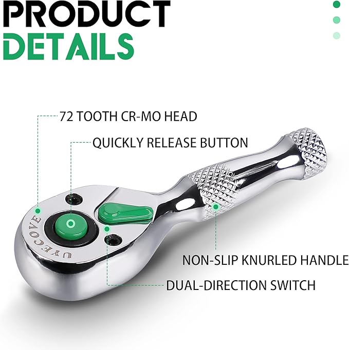 Ratchet Set- 2 Pcs: 1/4" & 3/8" Drive, 72-Tooth Reversible Small Ratchet Wrench Tray