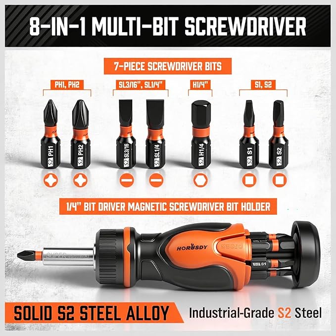 Magnetic Portable Screwdriver Bit Set: 8-in-1 Ratcheting Screw Driver Includes 1/4”Bit Driver Screwdrivers Holder, 7 Screwdriver Bits with Phillips, Slotted, Square, Hex, for Garage & Daily Repair