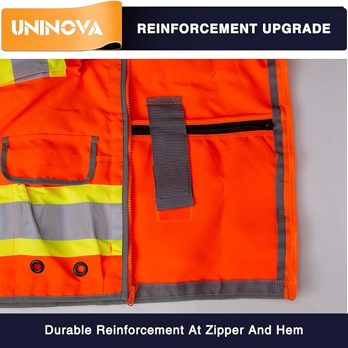 UNINOVA Surveyor Safety Vest Reflective for Men,Class 2 Heavy Duty Safety Vests Reflective with Pockets and Zipper