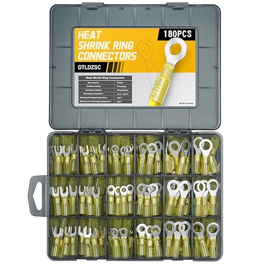 180PCS Marine Grade Heat Shrink Wire Connectors-Electrical Connectors Kit of Tinned Red Copper,Crimp Insulated Ring Fork Spade Butt Splice AWG12-10 Gauge (180pcs Yellow, AWG 12-10)